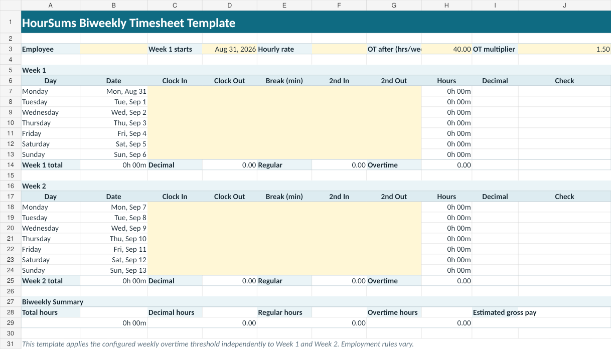 Preview of the HourSums biweekly timesheet template spreadsheet showing two seven-day weeks with separate weekly totals