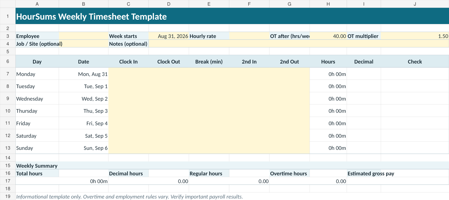 Preview of the HourSums weekly timesheet template spreadsheet showing daily clock in and clock out columns, break minutes and weekly totals
